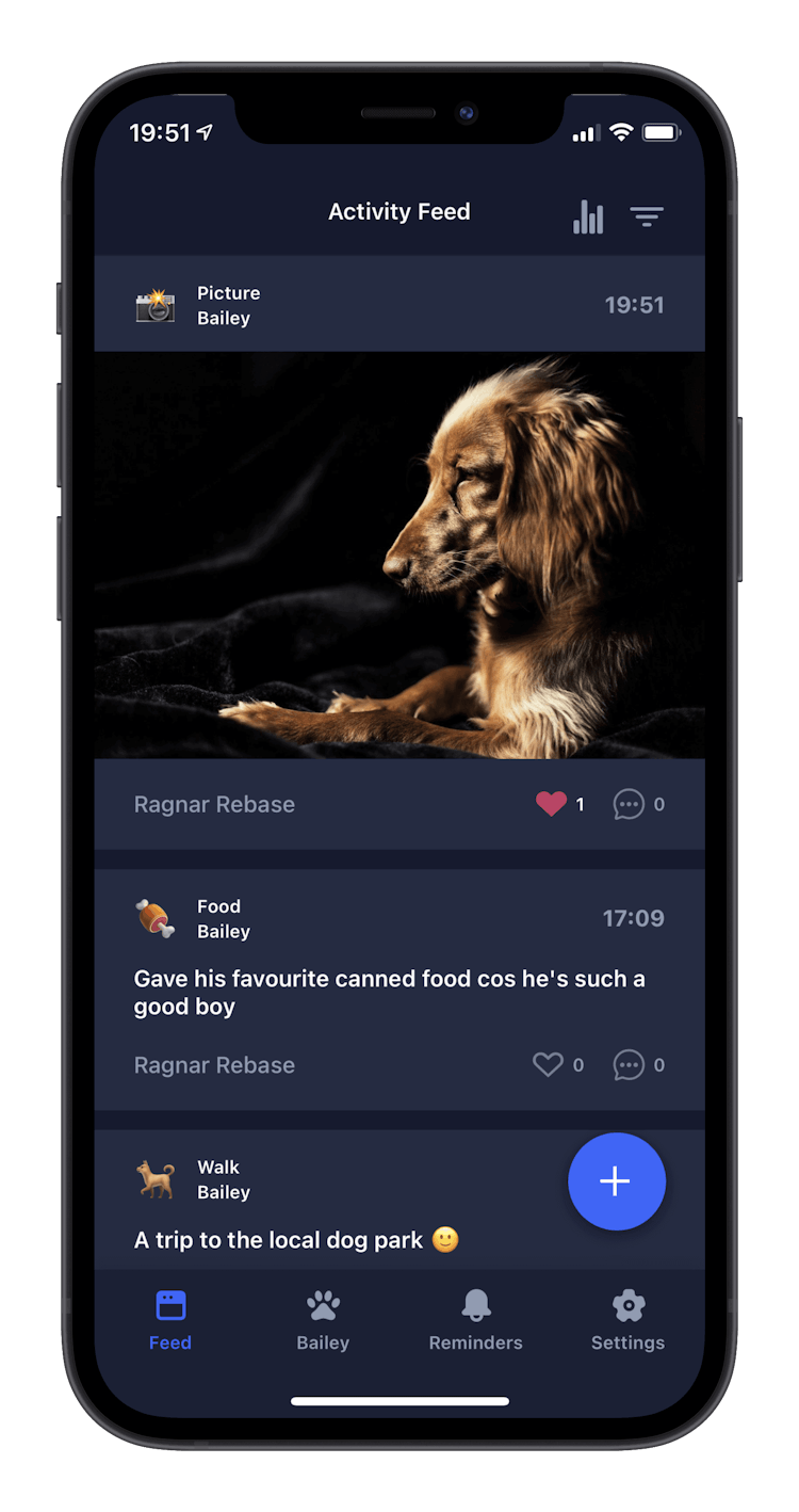 Screenshot of DogNote activity feed in dark mode